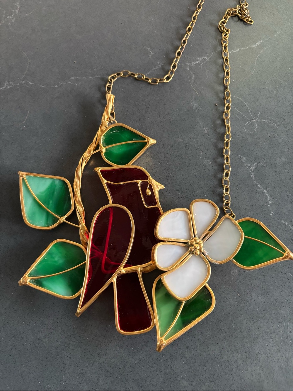 Gold-Tone Red Bird stained glass sun catcher